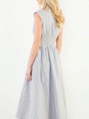 THML Light Blue Sleeveless Maxi with Smocked Waist, Rosettes and Eyelet Stripes